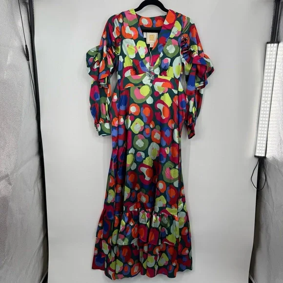 New Emily McCarthy Polka Dots Ruffle Maxi Long Sleeve Dress Floral Tiered 2XS - Picture 6 of 12